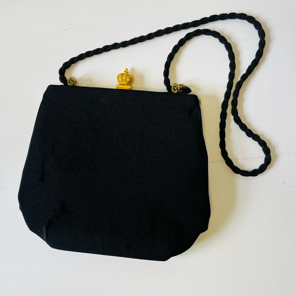 Black canvas purse with gold crown detail 80s 90s evening bag